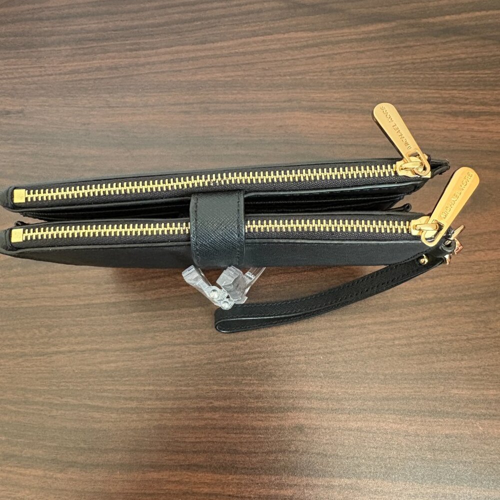 Michael Kors Women's Jet Set Travel Double Zip Leather Wristlet Wallet Black - Picture 3 of 7